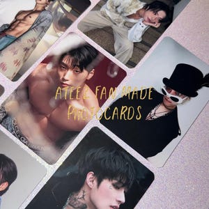 May include: A collection of fan-made photocards featuring various male figures. The cards showcase different poses and styles, with some featuring shirtless individuals and others in stylish outfits. The text "ATEEZ FAN MADE PHOTO CARDS" is visible.