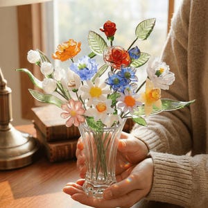 May include: A colorful glass flower bouquet in a clear vase. The arrangement includes orange, red, blue, white, and yellow flowers with green leaves. The vase is held in a person's hands.