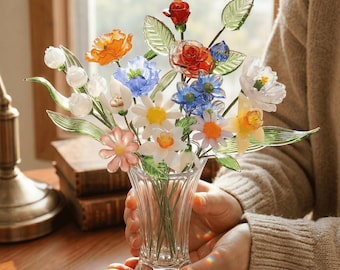 Hand Blown Glass Birth Month Flower Bouquet, Custom Birthday Gift for Mom & Best Friend, Everlasting Handmade Glass Floral Desk Decor