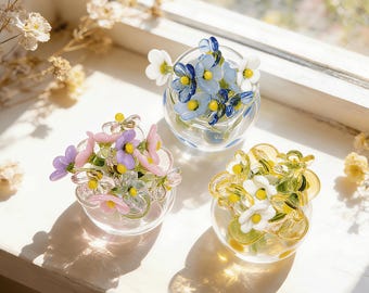 Set of 3 Handmade Mini Glass Flowers, Mothers Day Gift, Pastel Floral Desk Accessory, Micro Fairy Garden Decor, Cute Mom Birthday Gift