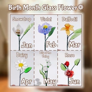May include: A decorative graphic featuring six glass flower designs, each representing a birth month. The flowers include a snowdrop, violet, daffodil, daisy, lily of the valley, and rose. Each flower is labeled with its corresponding month: Jan, Feb, Mar, Apr, May, and Jun.