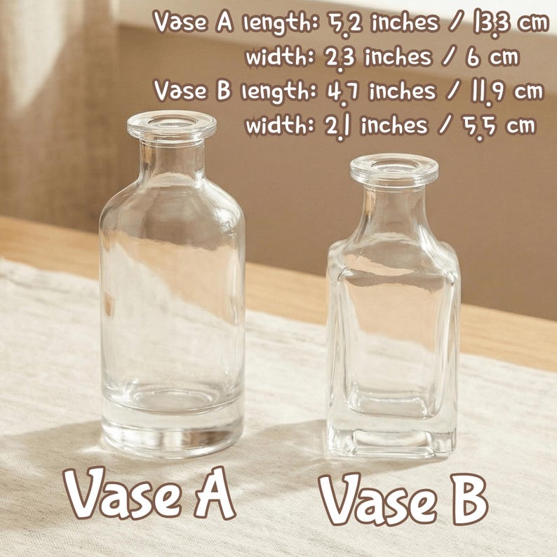 Puede incluir: Dos jarrones de vidrio transparente, etiquetados como "Jarr&oacute;n A" y "Jarr&oacute;n B". El jarr&oacute;n A mide 13,3 cm de largo y 6 cm de ancho. El jarr&oacute;n B mide 11,9 cm de largo y 5,5 cm de ancho. Ambos jarrones tienen un dise&ntilde;o simple y elegante.