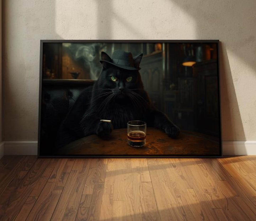 Moody Black Cat Whiskey Art Print – Whimsical Dark Humor Wall Decor ...