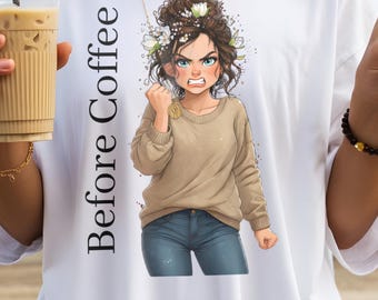 Avant et après le café : T-shirt humoristique pour femme, T-shirt décontracté pour femme