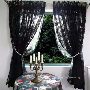 Black Lace Curtain, Double Layer Floral Sheer Drapes, Cottagecore Window Panel,  Romantic Curtain for Bedroom