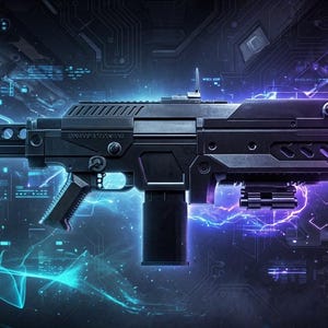 May include: A black futuristic rifle featuring a box magazine, a retractable stock with circular cutouts, and a vented handguard. The firearm has a sleek, angular design with a top-mounted sight and a tactical accessory rail located underneath the barrel.