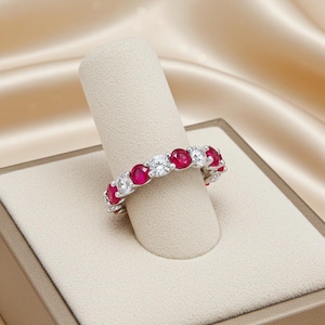 Ruby and Diamond Eternity Ring, 925 Sterling Silver Ruby Band, Diamond Eternity Wedding Ring, Stackable Anniversary Band Gift for Her