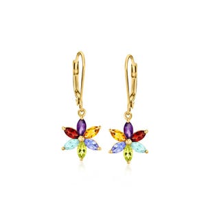 Multi Sapphire Lever Back Earrings, Rainbow Sapphire Drop Earrings, Gold Dangle Earrings, Colorful Gemstone Jewelry, Gift For Her