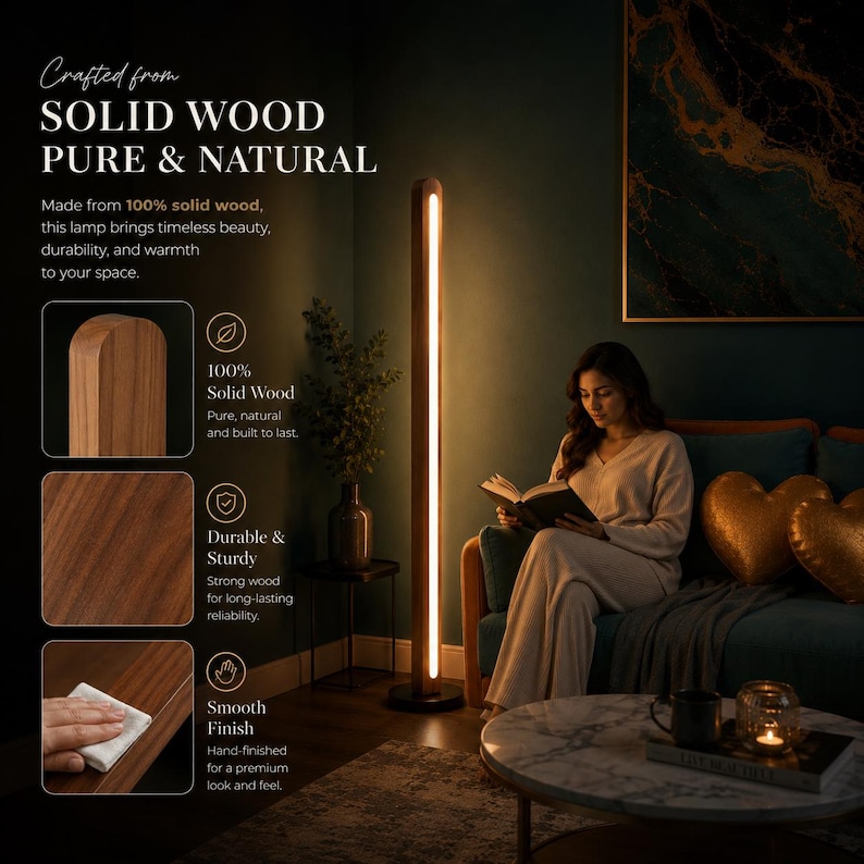 Mid Century Modern Floor Lamp, Dimmable Solid Wood LED Corner Lamp, Customizable Standing Mood Light image 4