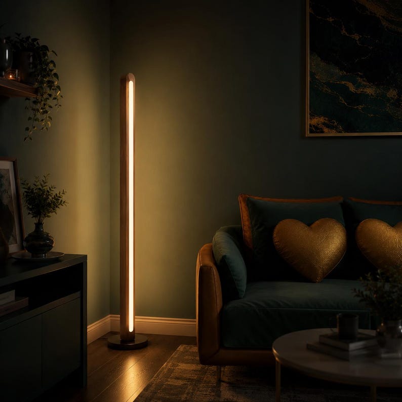 Mid Century Modern Floor Lamp, Dimmable Solid Wood LED Corner Lamp, Customizable Standing Mood Light image 1