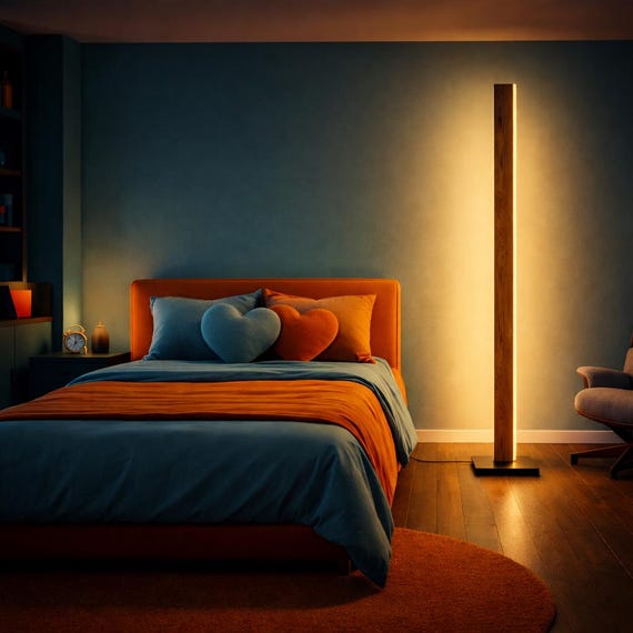 Mid Century Modern Floor Lamp, Dimmable Wood LED Corner Lamp, Customizable Standing Mood Light