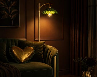 Dimmable Vintage Tall Flower Lamp, Mid Century Modern Floor Lamp, Green Glass Shade with Gold Base, Customizable Lampshades