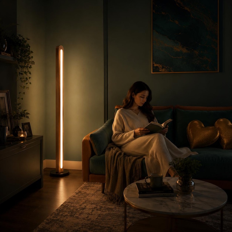 Mid Century Modern Floor Lamp, Dimmable Solid Wood LED Corner Lamp, Customizable Standing Mood Light image 3