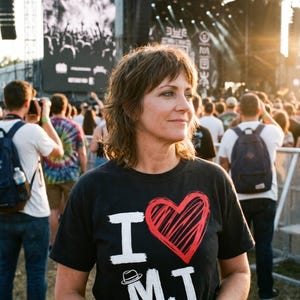 May include: A woman wearing a black t-shirt with the text "I ❤️ MJ" in white and a red heart graphic. She is at an outdoor concert, with a stage and crowd in the background.