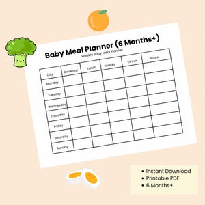 Può includere: Un Baby Meal Planner (6 mesi+) PDF stampabile bianco con un layout settimanale per colazione, pranzo, spuntini, cena e note. Include illustrazioni di cartoni animati di un'arancia, broccoli e uova. Il testo include "Download istantaneo" e "6 mesi+".