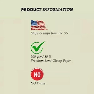 May include: Image with the text "PRODUCT INFORMATION" and an American flag. Details include "200 gsm/ 80 lb Premium Semi-Glossy Paper" and "NO Frame".