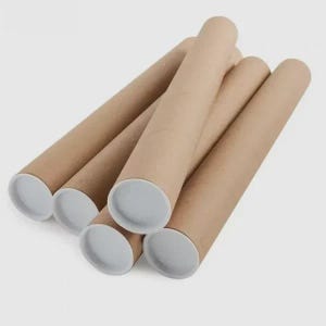 May include: A collection of brown cardboard mailing tubes with white plastic end caps. The tubes are cylindrical and vary in length, stacked together on a white background.