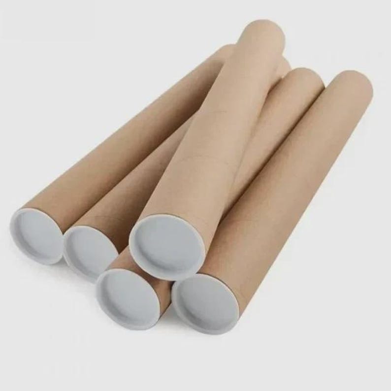May include: A collection of brown cardboard mailing tubes with white plastic end caps. The tubes are cylindrical and vary in length, stacked together on a white background.