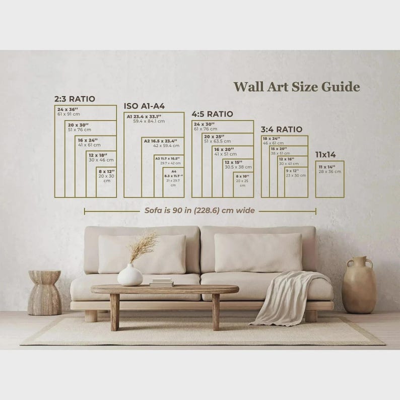 May include: Wall art size guide with dimensions in inches and centimeters. The guide includes ratios such as 2:3, 4:5, and 3:4, with sizes ranging from 8x12 inches to 24x36 inches. A sofa is shown below the guide, which is 90 inches (228.6 cm) wide.