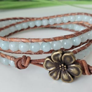 Blue Fairy, double wrap leather bracelet, jade bracelet, gift women, gemstone bracelet
