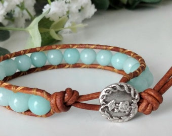 Turquoise Jade wrap bracelet, gemstone bracelet, leather wrap, gift women, single wrap