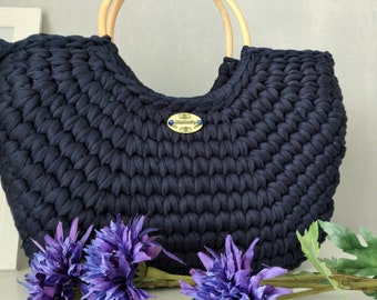 Indigo Sommertasche im skandinavischen Stil, Häkeltasche, handgemacht, recycelte Baumwolle, Geschenk Frauen