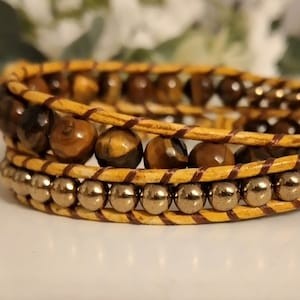 Double wrap Leather bracelet, tiger eye, pyrite, gemstone bracelet, gift women
