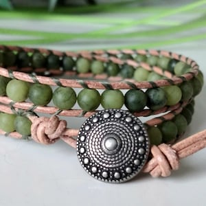 Virki, Fortress, Taiwan Jade, gemstone bracelet, gift women, wrap bracelet, leather wrap