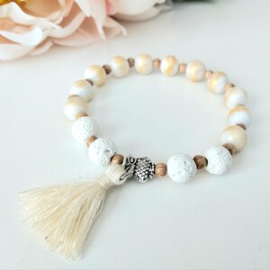 Daisy. I can do it! Viking Godess Freyja &#39;s Sacred flower,  Mashan Jade gemstone, Beaded diffuser tassel stretch bracelet, owl, gift women