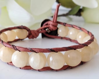 My Sunshine, Joy and Happiness. Gemstone wrap bracelet, light yellow jade bracelet, leather wrap bracelet, good luck, good fortune
