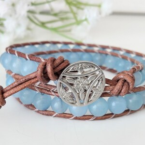 Frozen. Beaded bracelet, light blue synthetic jade beads, leather wrap bracelet, double wrap, gift for women, boho style bracelet