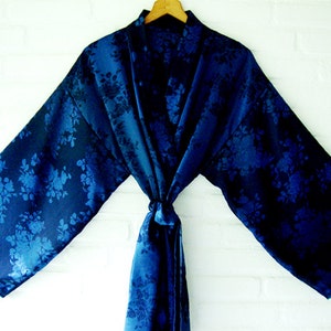 Kimono Style Robe Blue Black Rozes elegant Long