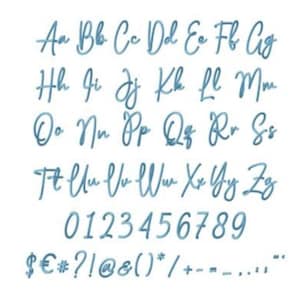 May include: A complete alphabet and number set in a cursive font, rendered in a soft, light blue hue. The image includes uppercase and lowercase letters, numbers 0-9, and various symbols. The elegant, flowing script is ideal for design projects.