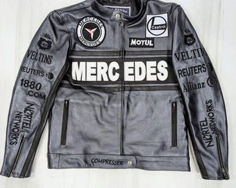 Męska kurtka skórzana Vintage Mercedes Racing: kurtka typu bomber z krowiej skóry motocyklowej