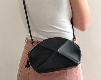 Small Cross body bag - black leather with detachable strap - everyday purse with unique origami detail