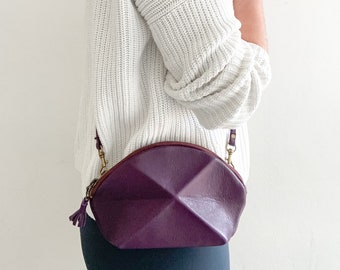 Small Cross body bag - purple leather with detachable strap - everyday purse with unique origami detail