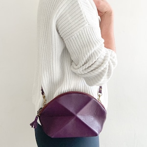 Small Cross body bag purple leather with detachable strap everyday purse with unique origami detail image 1