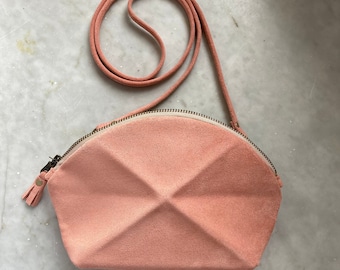 Small Cross body bag - pink suede leather with detachable strap - everyday purse with unique origami detail