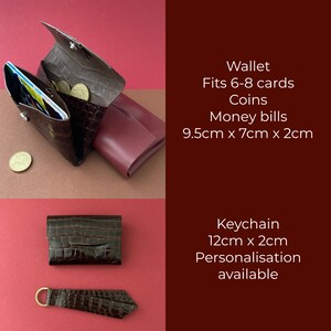 Minimalistic wallet and key chain gift set for her bi fold crocodile embossed leather wallet personalised wallet brown mini wallet image 3