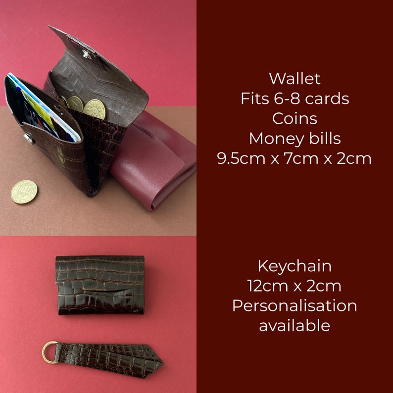 Minimalistic wallet and key chain gift set for her bi fold crocodile embossed leather wallet personalised wallet brown mini wallet image 3