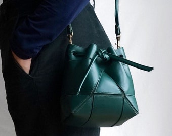 Mini Bucket Bag- Drawstring bag - Cross body bag - Pine Green
