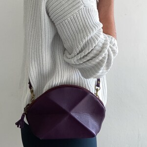 Small Cross body bag green leather with detachable strap everyday purse with unique origami detail Purple