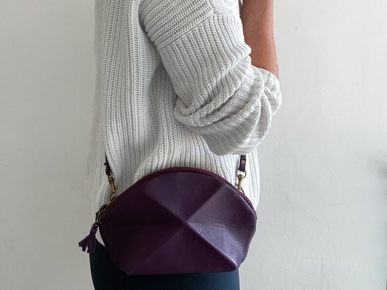 Small Cross body bag green leather with detachable strap everyday purse with unique origami detail Purple