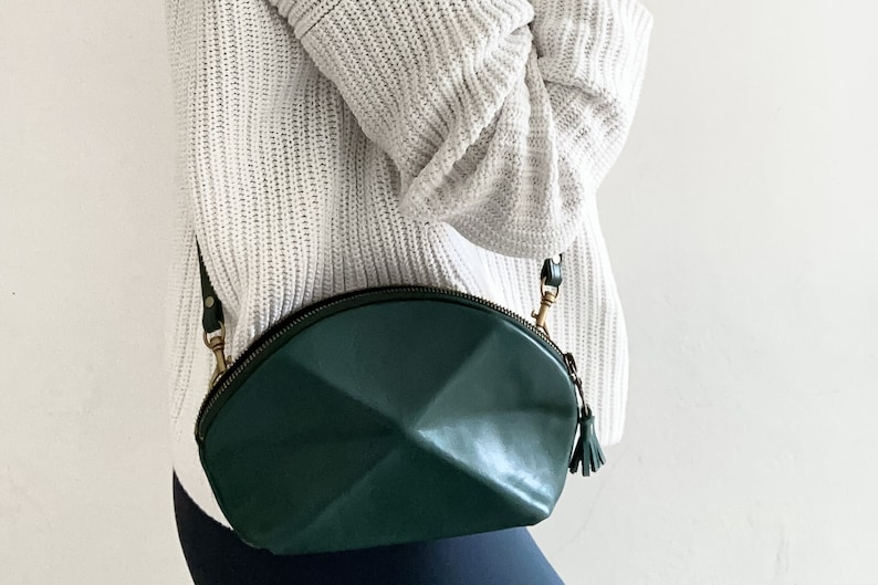 Small Cross body bag green leather with detachable strap everyday purse with unique origami detail Green