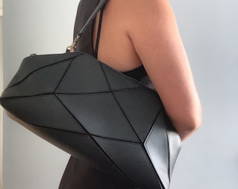 Foldable shoulder bag - Cross body bag  - black leather - Puzzle style bag - Origami purse