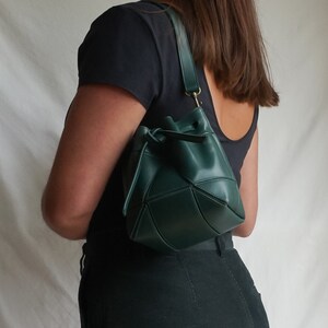 Small bucket bag with origami details drawstring purse made of genuine leather cross body and shoulder purse ivory Green