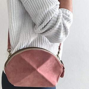 Small Cross body bag green leather with detachable strap everyday purse with unique origami detail Soft Pink Suede