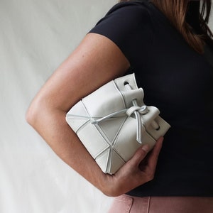 Small bucket bag with origami details drawstring purse made of genuine leather cross body and shoulder purse ivory Ivory