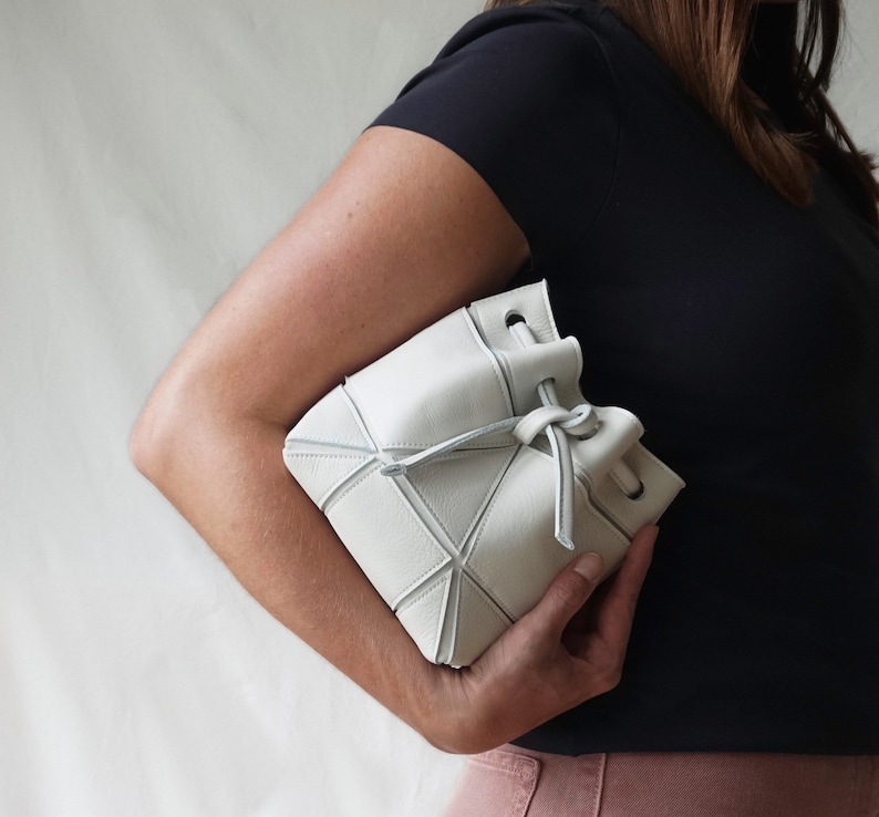 Small bucket bag with origami details drawstring purse made of genuine leather cross body and shoulder purse ivory Ivory