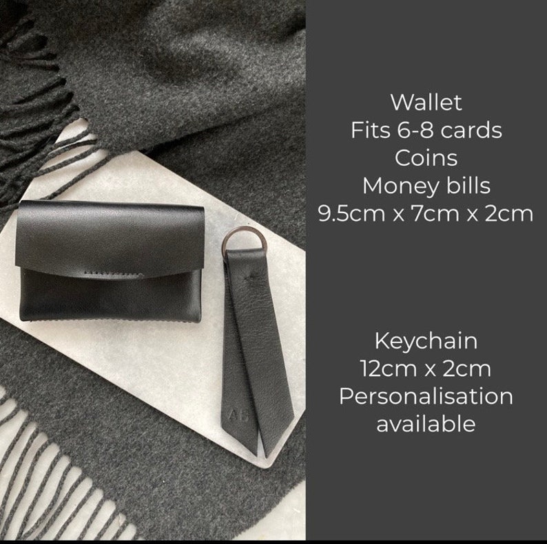 Minimalistic wallet and key chain gift set for her black bi fold leather wallet personalised wallet genuine leather wallet image 3